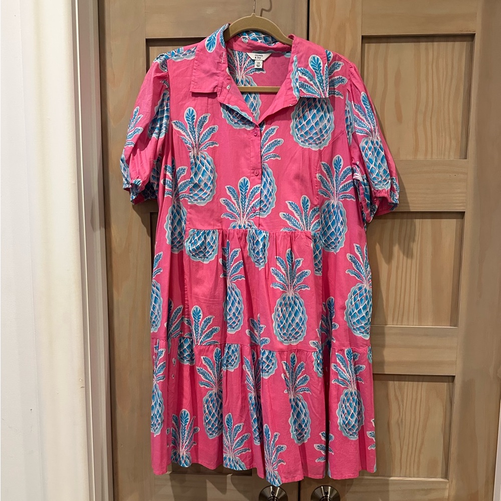 crown & ivy Pink Tropical Pineapple Button Dress